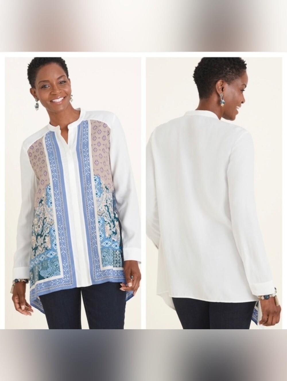 Chico's Cream & Blue Printed Blouse with Shark Bite Sides Size 2/Large